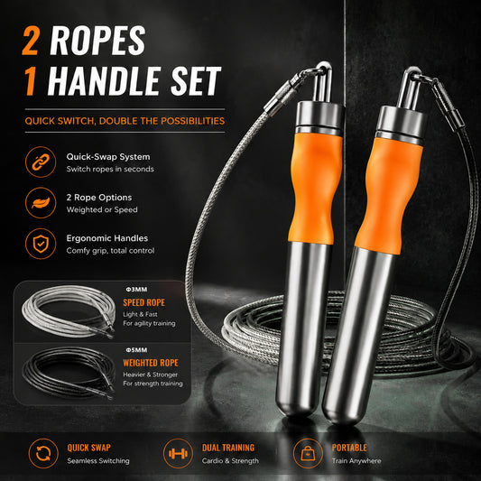 MOGOLD Orange-Black Ergonomic Weighted Jump Rope, 3 Interchangeable Heavy Ropes, Non-Slip Grip, Tangle-Free Ball Bearing for Fitness, Boxing, CrossFit