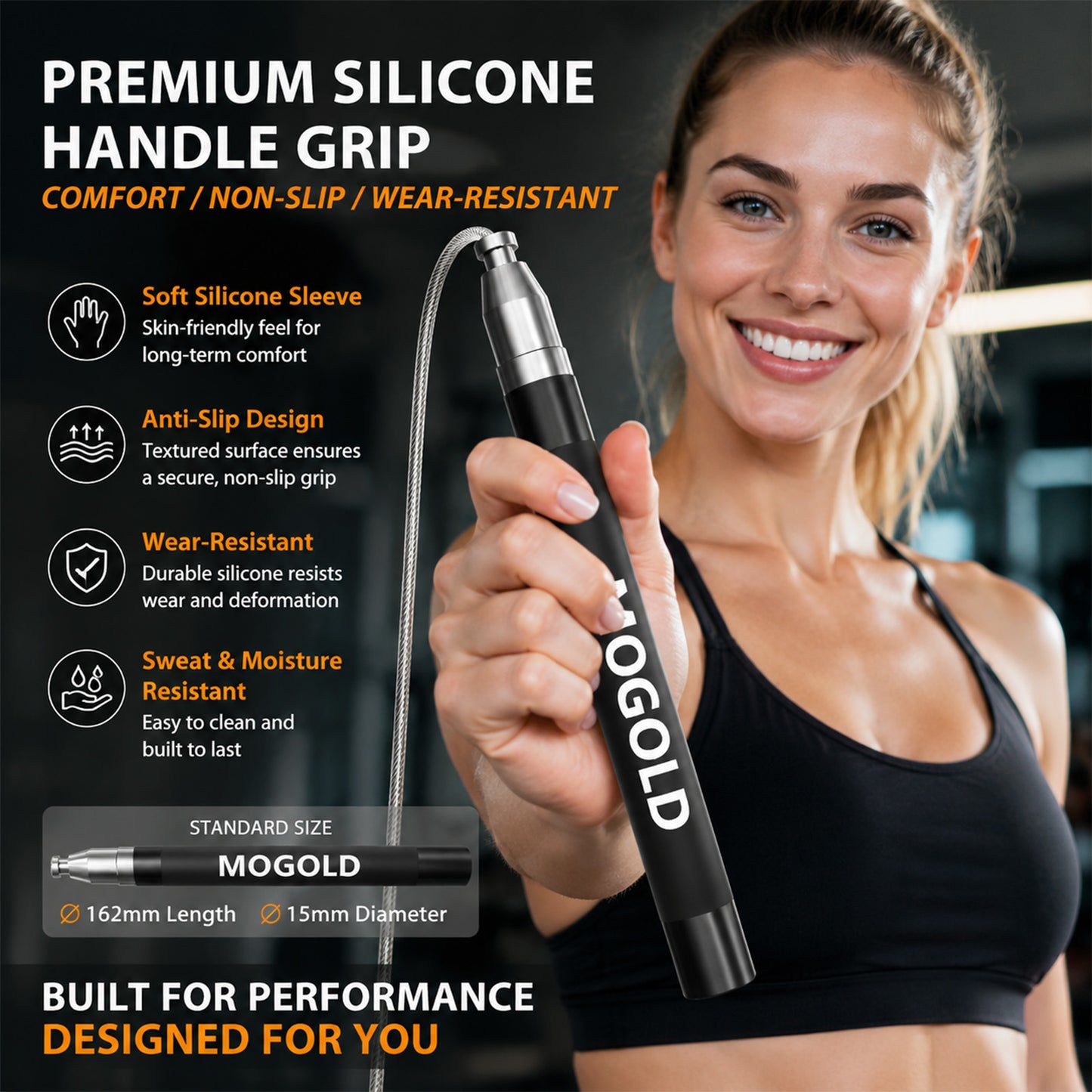 MOGOLD Professional Speed Jump Rope | Ball Bearing Adjustable for Athletes | black Aluminum Handle