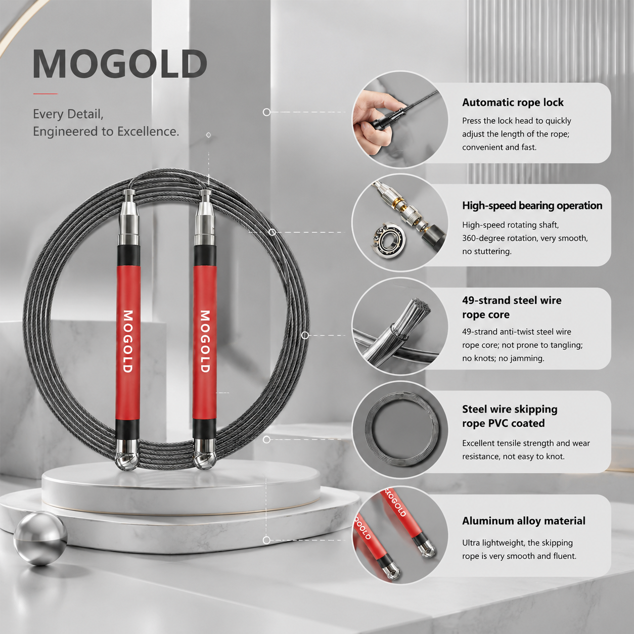 MOGOLD Professional Speed Jump Rope | Ball Bearing Adjustable for Athletes | PVC Coated Steel Wire