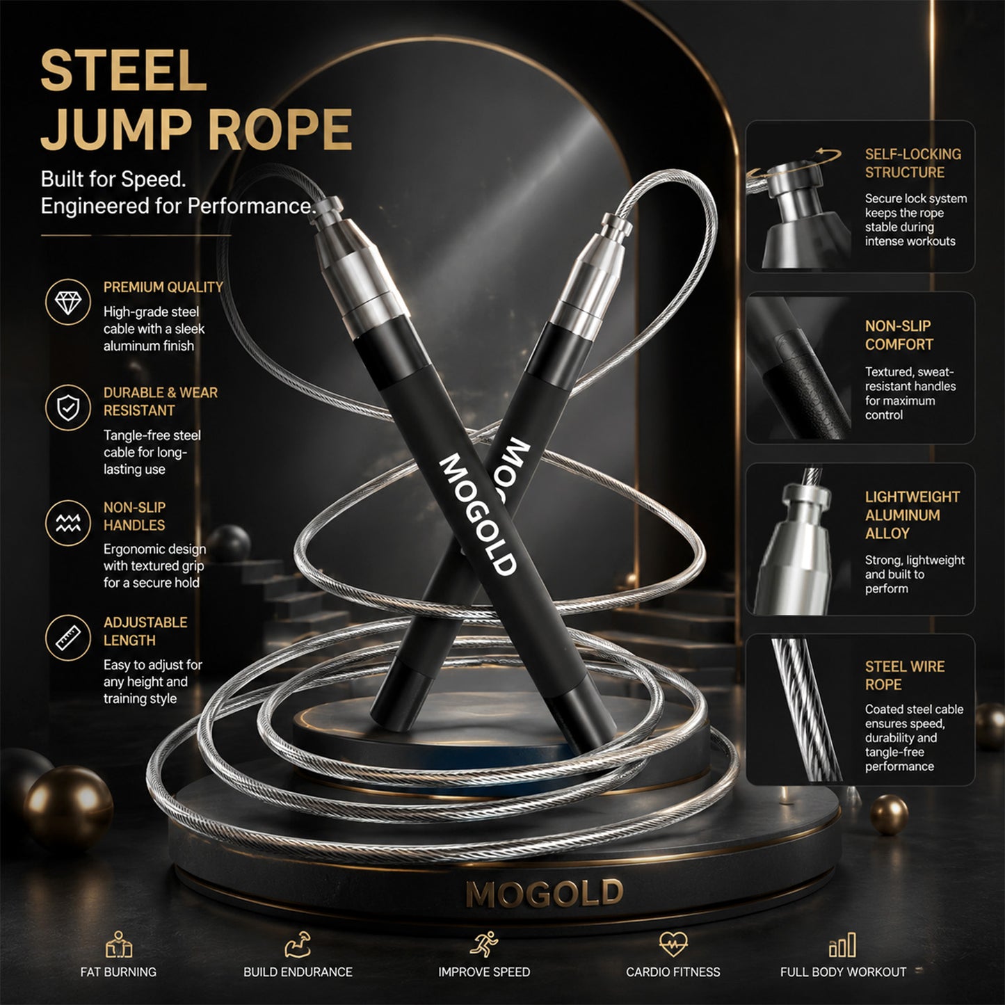 MOGOLD Professional Speed Jump Rope | Ball Bearing Adjustable for Athletes | black Aluminum Handle