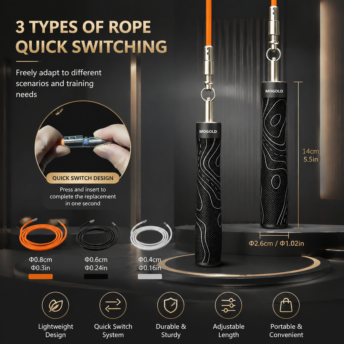 Mogold Ropes MOGOLD Black Contour Pattern Weighted Jump Rope, 3 Interchangeable Hea
