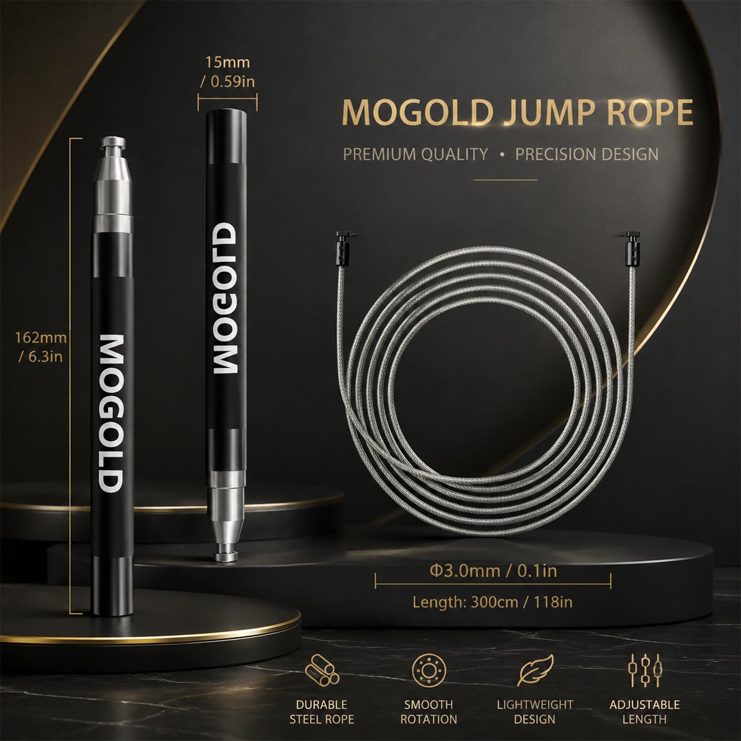 MOGOLD Professional Speed Jump Rope | Ball Bearing Adjustable for Athletes | black Aluminum Handle