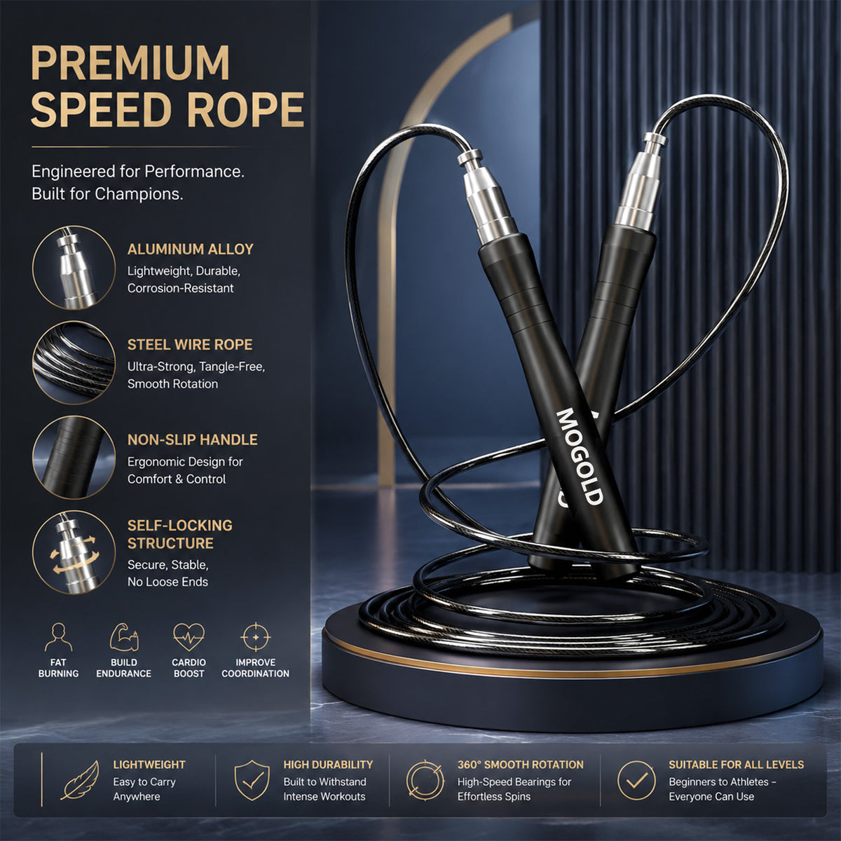 Mogold Ropes MOGOLD Adjustable Speed Jump Rope with Aluminum Handles & Steel Wire C