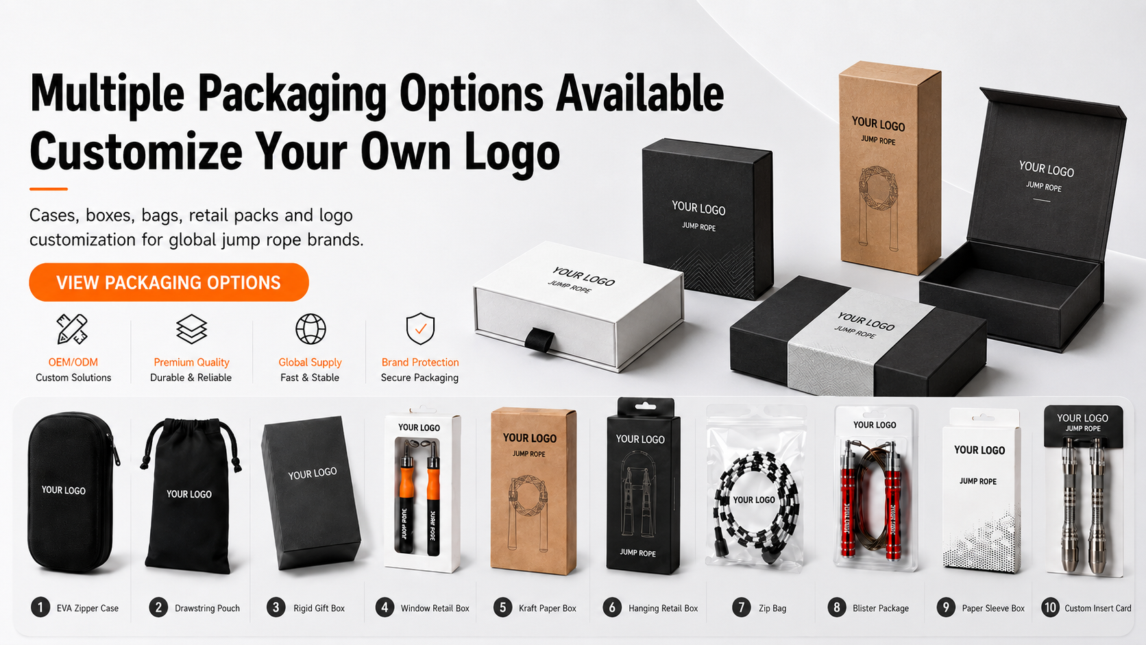 Multiple MOGOLD packaging options for custom jump rope orders